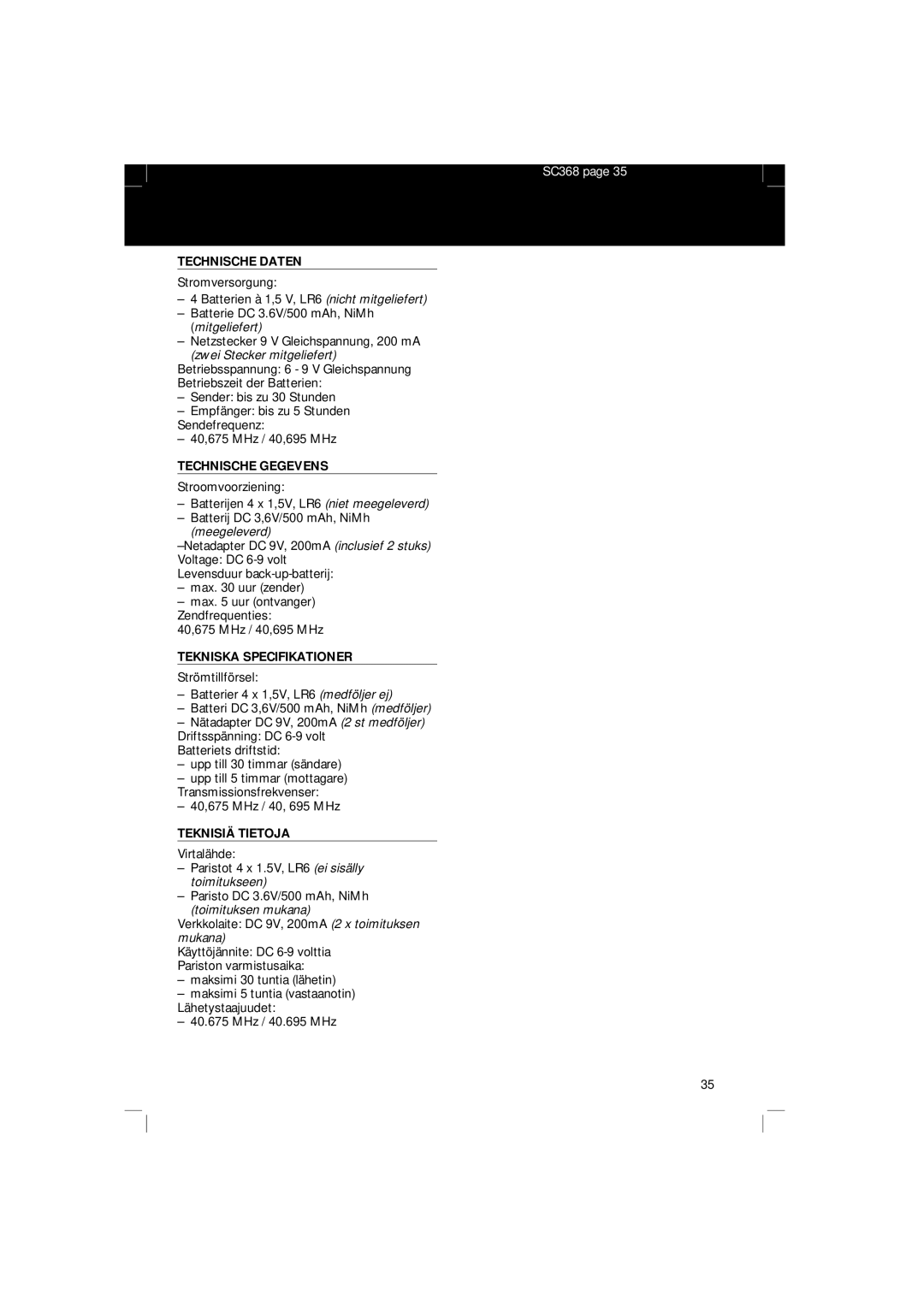 Philips SBC SC 368 manual Technische Daten, Technische Gegevens, Tekniska Specifikationer, Teknisiä Tietoja 