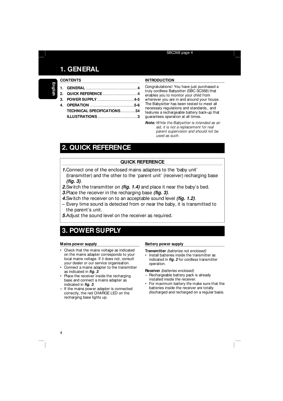 Philips SBC SC 368 manual General, Quick Reference, Power Supply, Contents, Introduction 