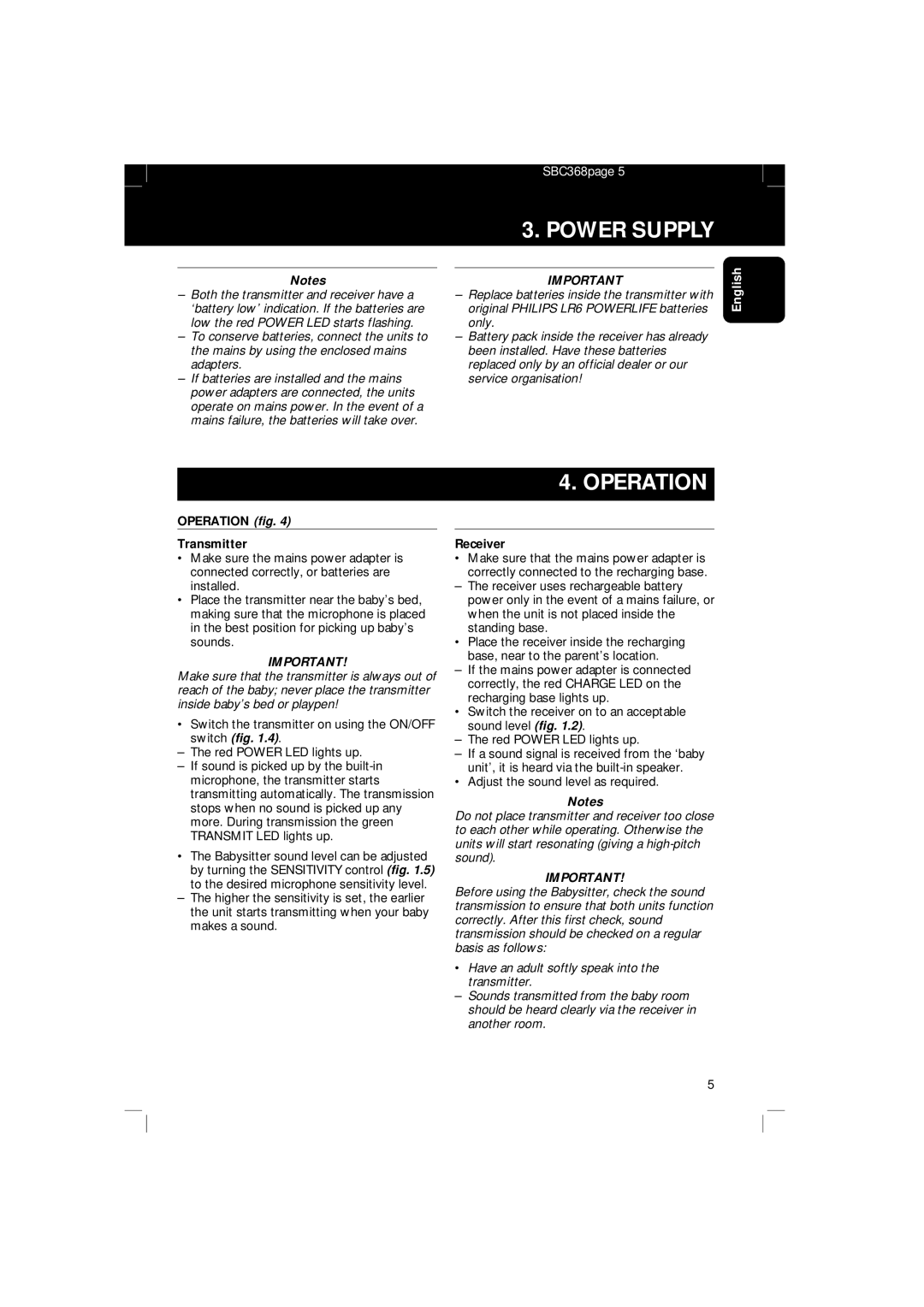 Philips SBC SC 368 manual Operation fig Transmitter, Receiver 