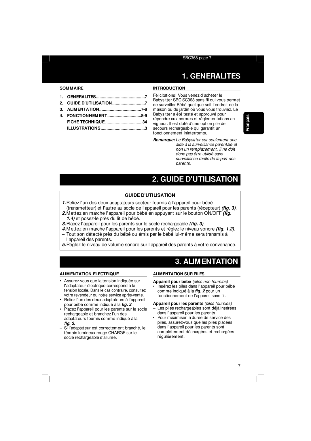 Philips SBC SC 368 manual Generalites, Guide Dutilisation, Alimentation 