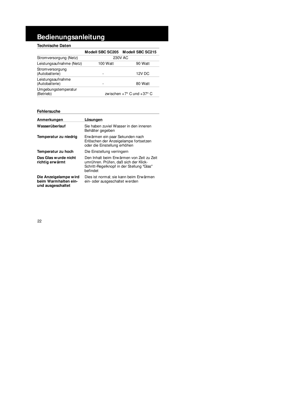 Philips SBC SC205 Technische Daten, Modell SBC SC215, Fehlersuche Anmerkungen, Wasserüberlauf, Temperatur zu niedrig 