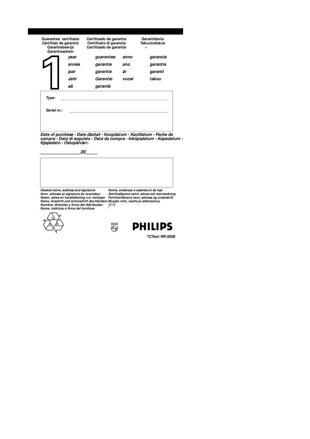 Philips SBC SC215, SBC SC205 manual Garantiebewijs 