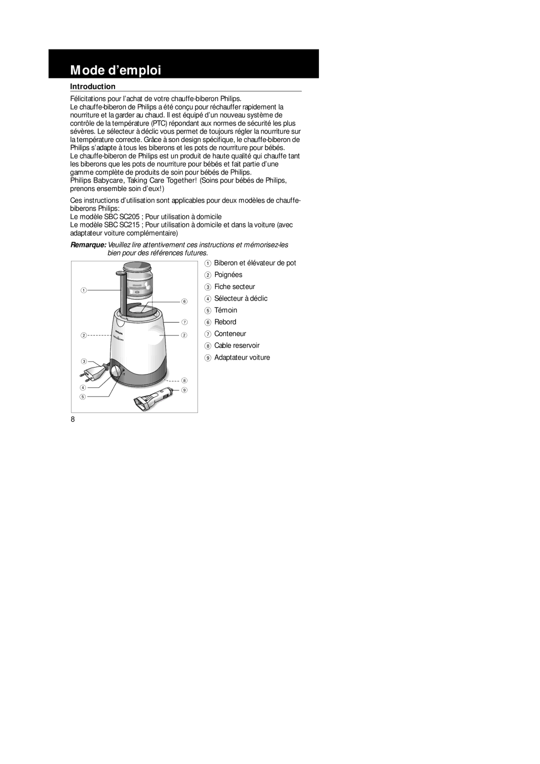 Philips SBC SC215, SBC SC205 manual Mode d’emploi, Félicitations pour l’achat de votre chauffe-biberon Philips 