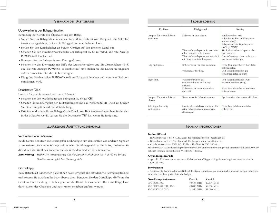 Philips SBC SC361 warranty Überwachung der Babygeräusche, Drucktaste Talk, Verhindern von Störungen, Gürtelklipp 