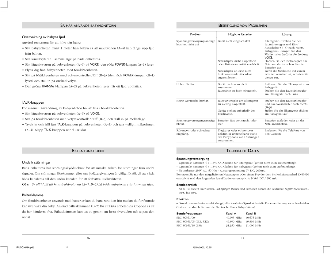 Philips SBC SC361 warranty Övervakning av babyns ljud, TALK-knappen, Undvik störningar, Bältesklämma 