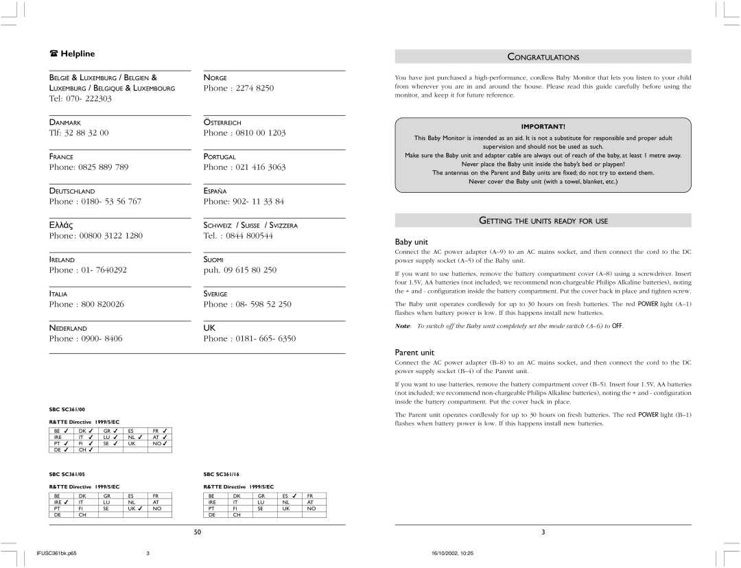 Philips SBC SC361 warranty Ελλάς, Baby unit, Parent unit, Congratulations, Getting the Units Ready for USE 