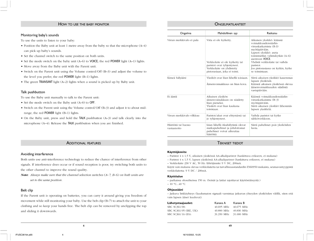 Philips SBC SC361 warranty Monitoring baby’s sounds, Talk pushbutton, Avoiding interference, Belt clip 