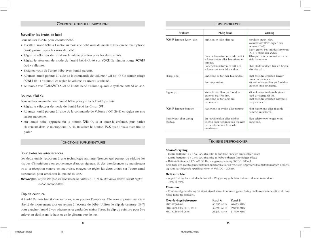 Philips SBC SC361 warranty Surveiller les bruits de bébé, Bouton «TALK», Pour éviter les interférences, Clip de ceinture 