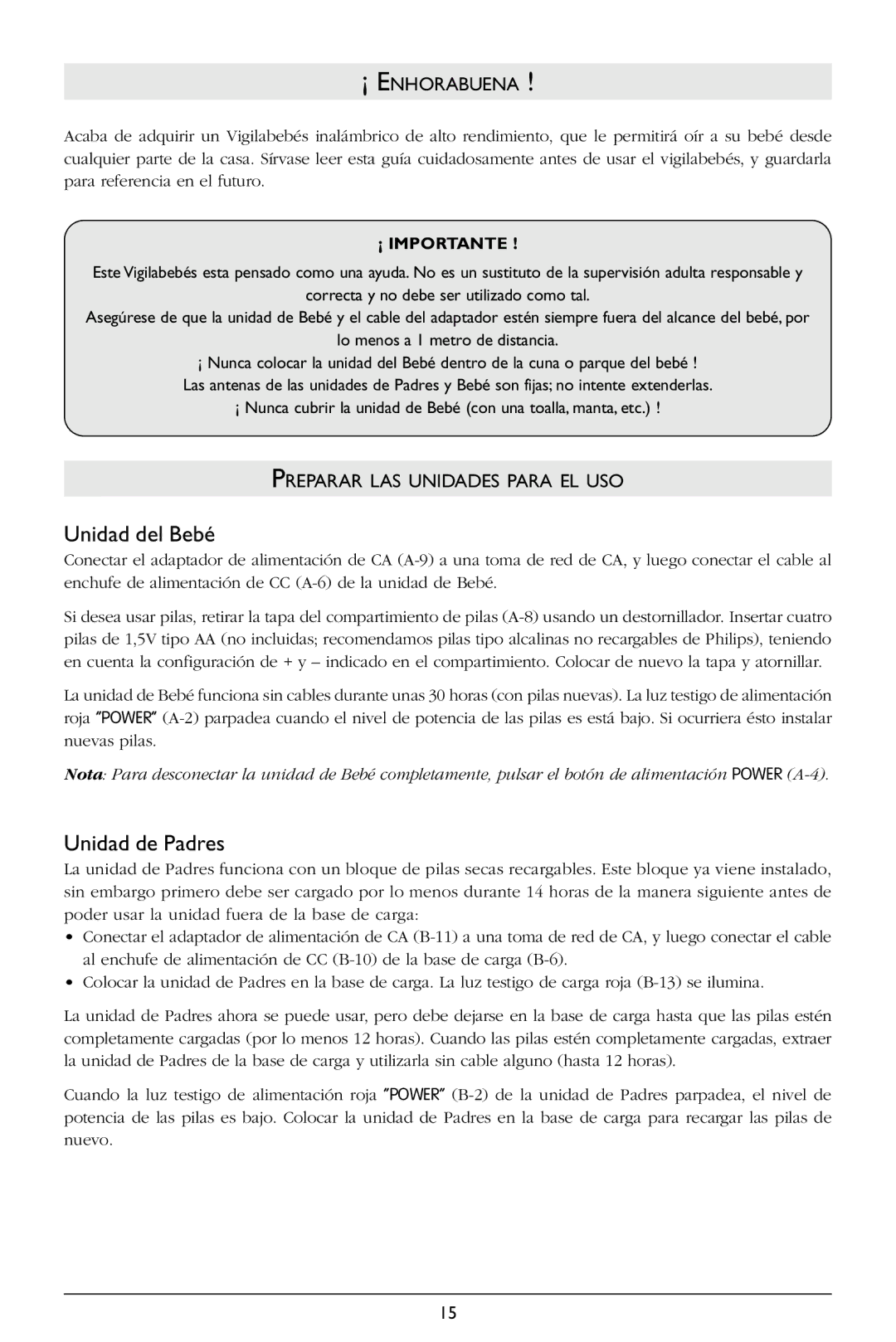 Philips SBC SC368 Unidad del Bebé, Unidad de Padres, ¡ Enhorabuena, Preparar LAS Unidades Para EL USO, ¡ Importante 