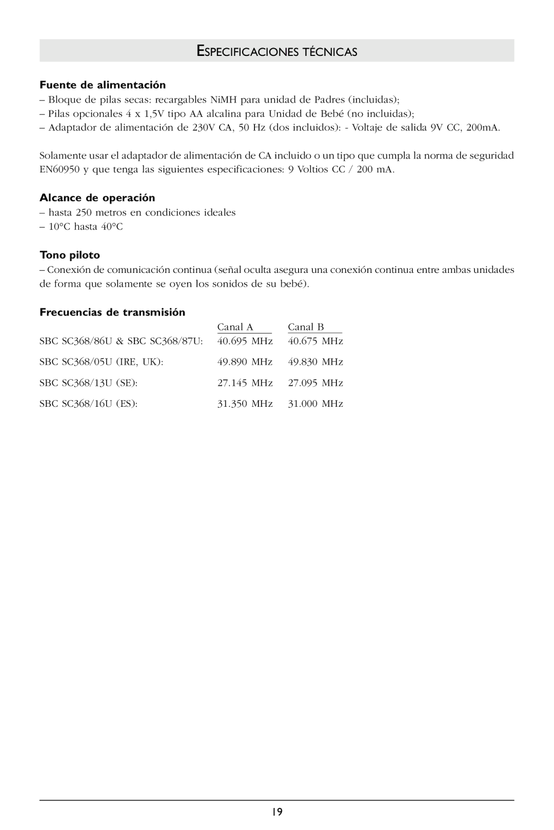 Philips SBC SC368 warranty Especificaciones Técnicas, Fuente de alimentación, Alcance de operación, Tono piloto 