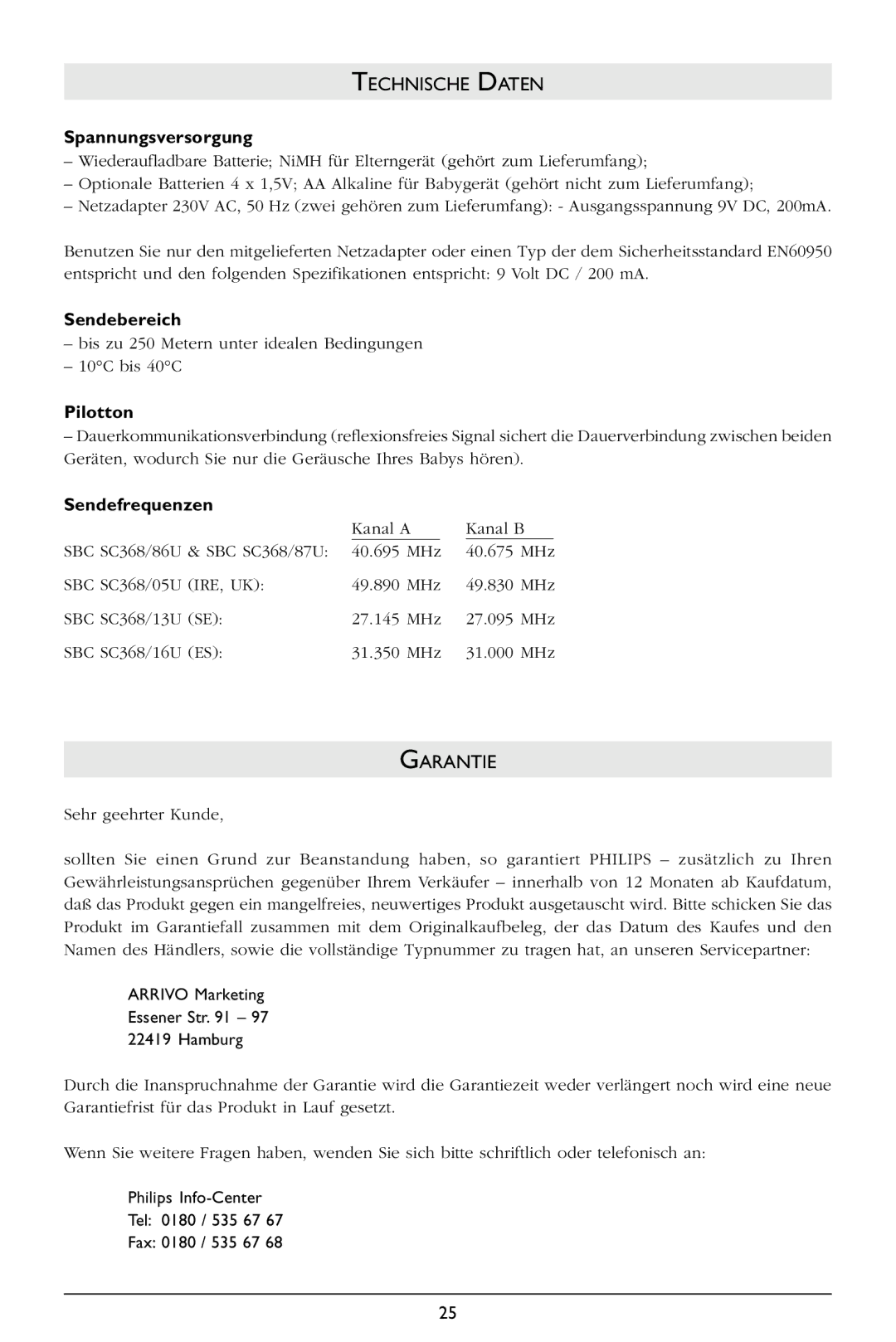 Philips SBC SC368 warranty Spannungsversorgung, Sendebereich, Pilotton, Sendefrequenzen 