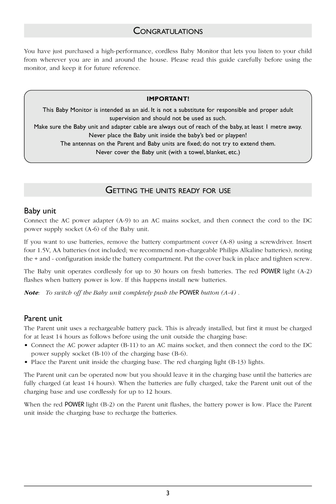 Philips SBC SC368 warranty Baby unit, Parent unit, Congratulations, Getting the Units Ready for USE 