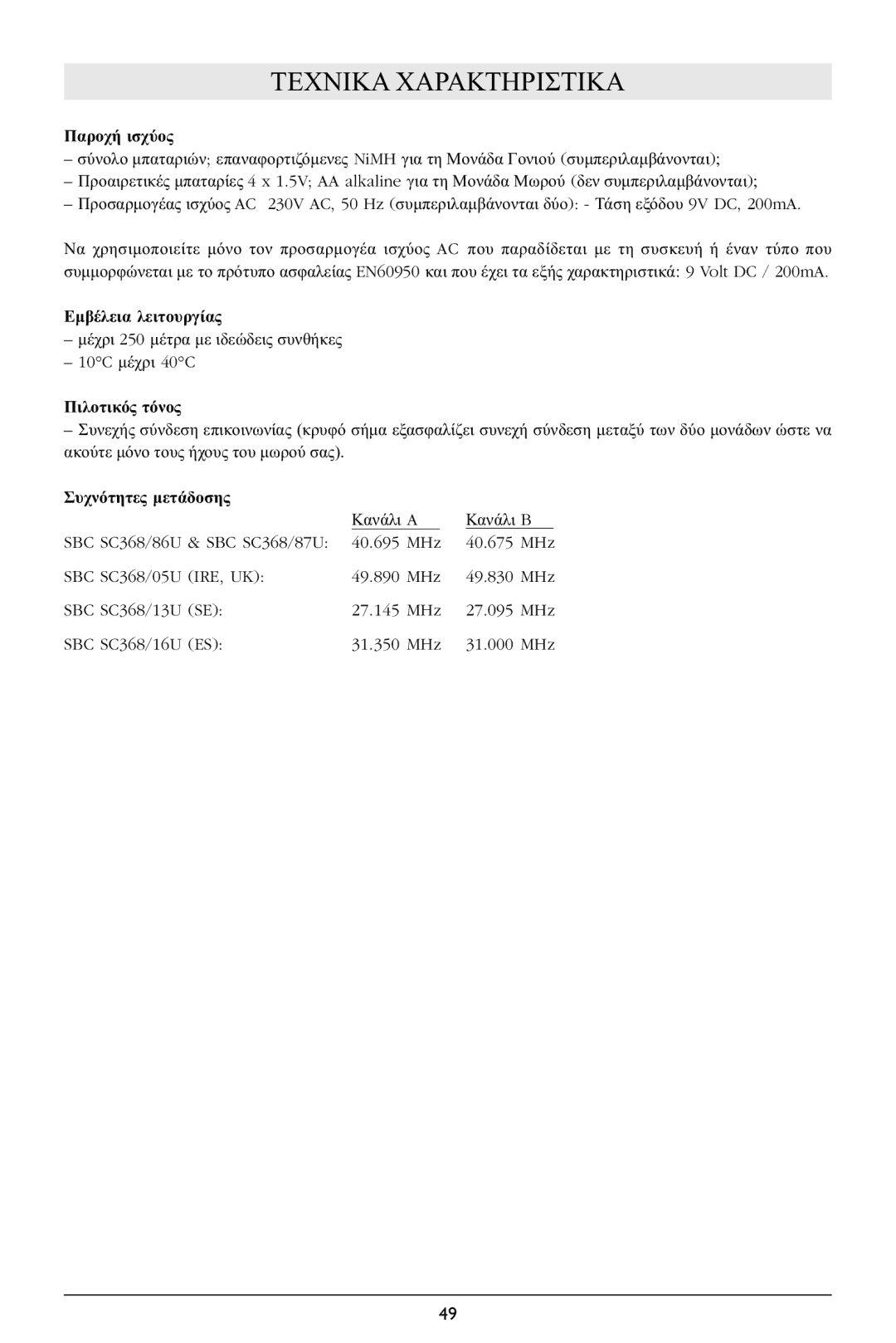 Philips SBC SC368 warranty Τεχνικα Χαρακτηριστικα 