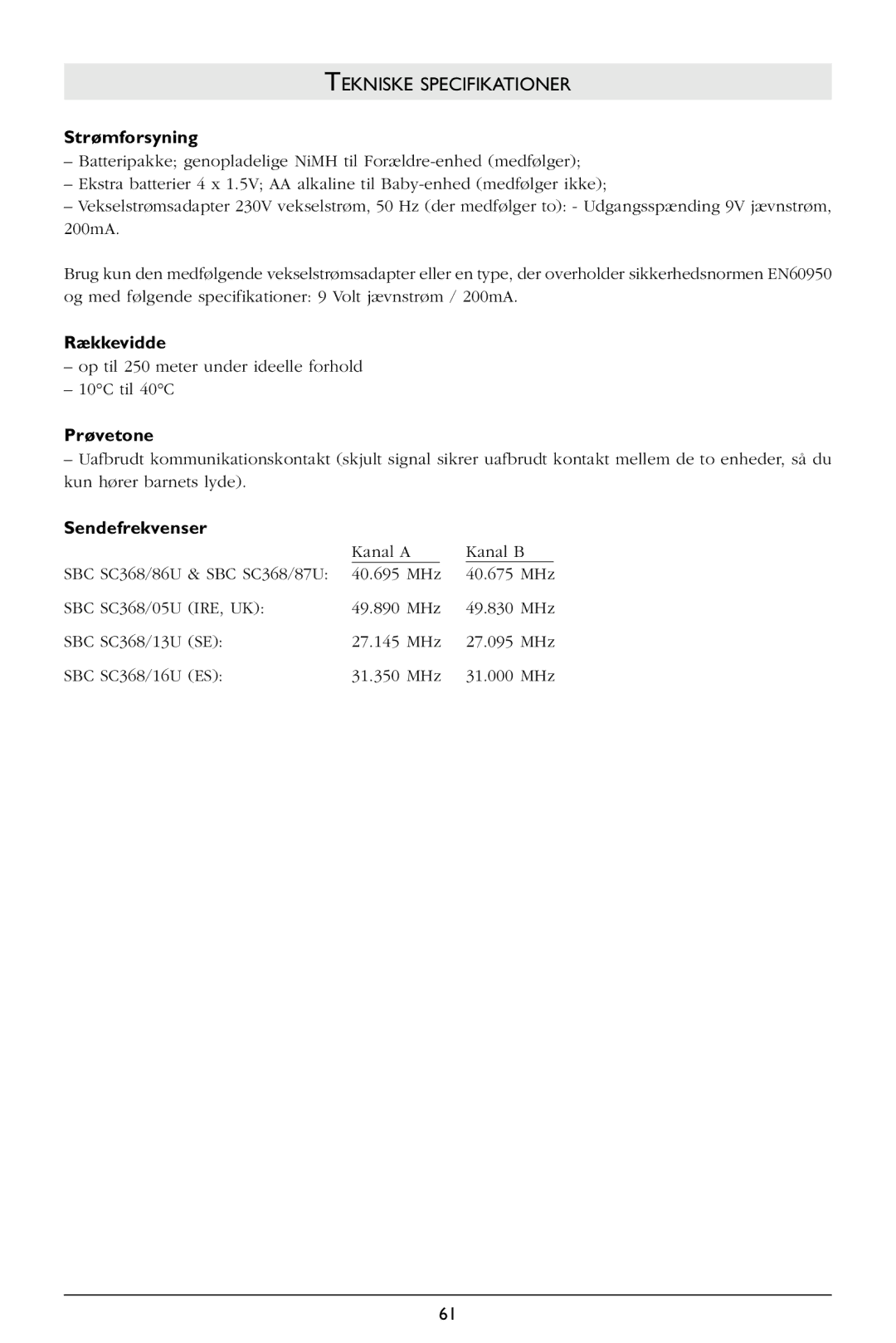 Philips SBC SC368 warranty Tekniske Specifikationer, Strømforsyning, Rækkevidde, Prøvetone, Sendefrekvenser 