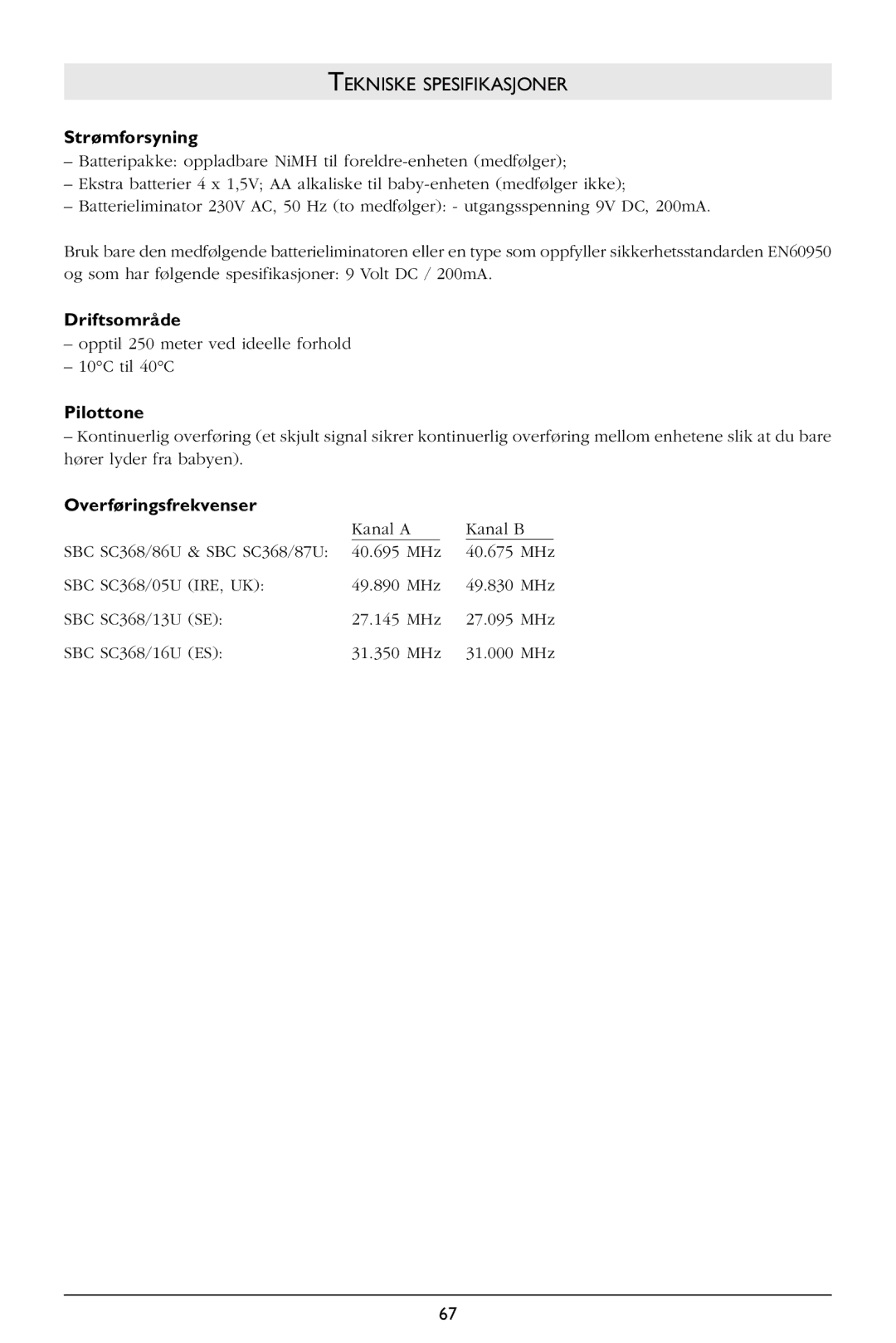 Philips SBC SC368 warranty Tekniske Spesifikasjoner, Driftsområde, Pilottone, Overføringsfrekvenser 