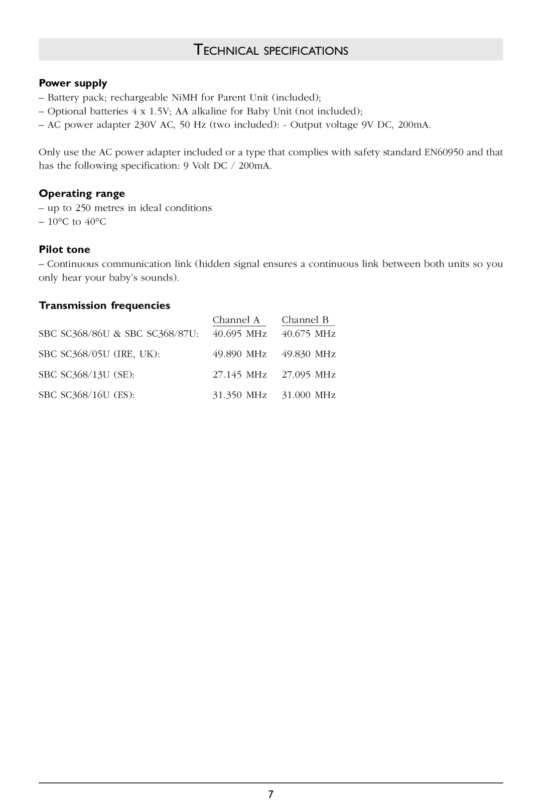 Philips SBC SC368 warranty Technical Specifications, Power supply, Operating range, Pilot tone, Transmission frequencies 