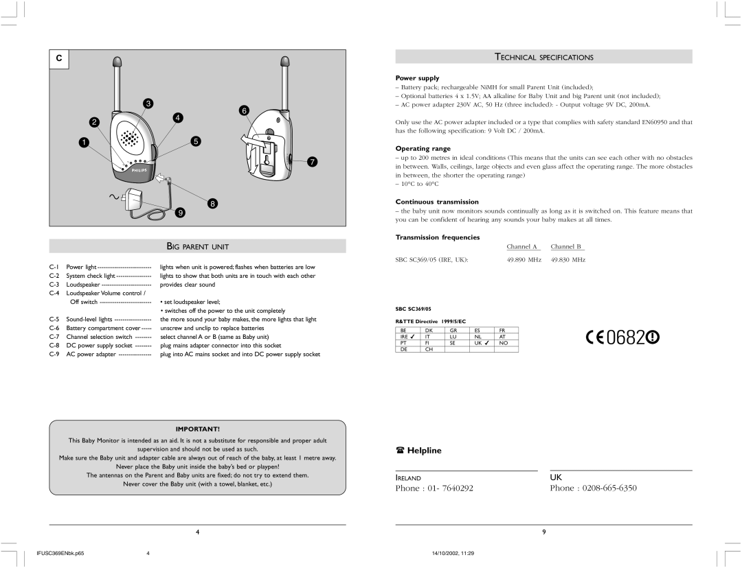 Philips SBC SC369 warranty Technical Specifications, BIG Parent Unit 