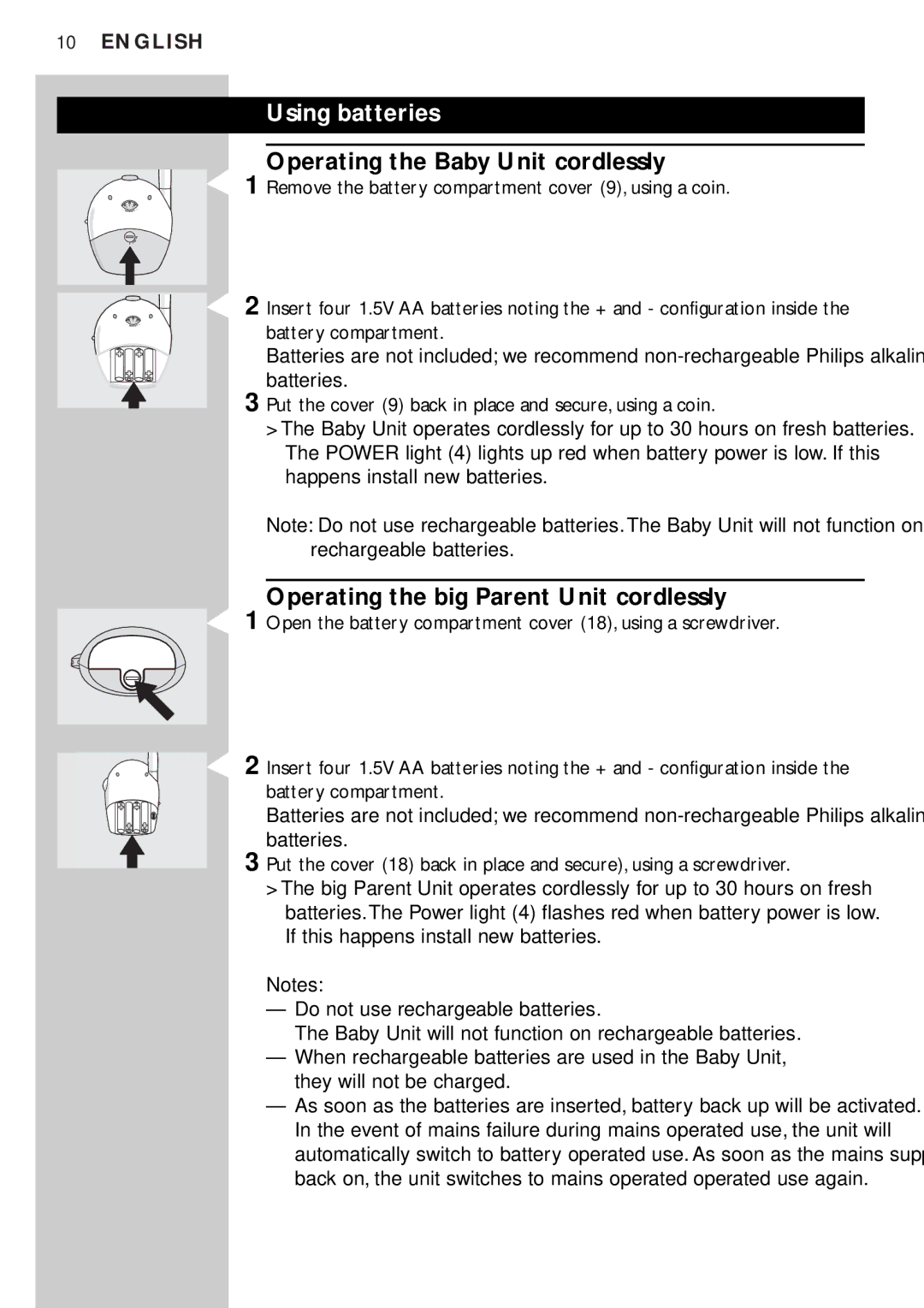 Philips SBC SC450 manual Using batteries, Operating the Baby Unit cordlessly, Operating the big Parent Unit cordlessly 