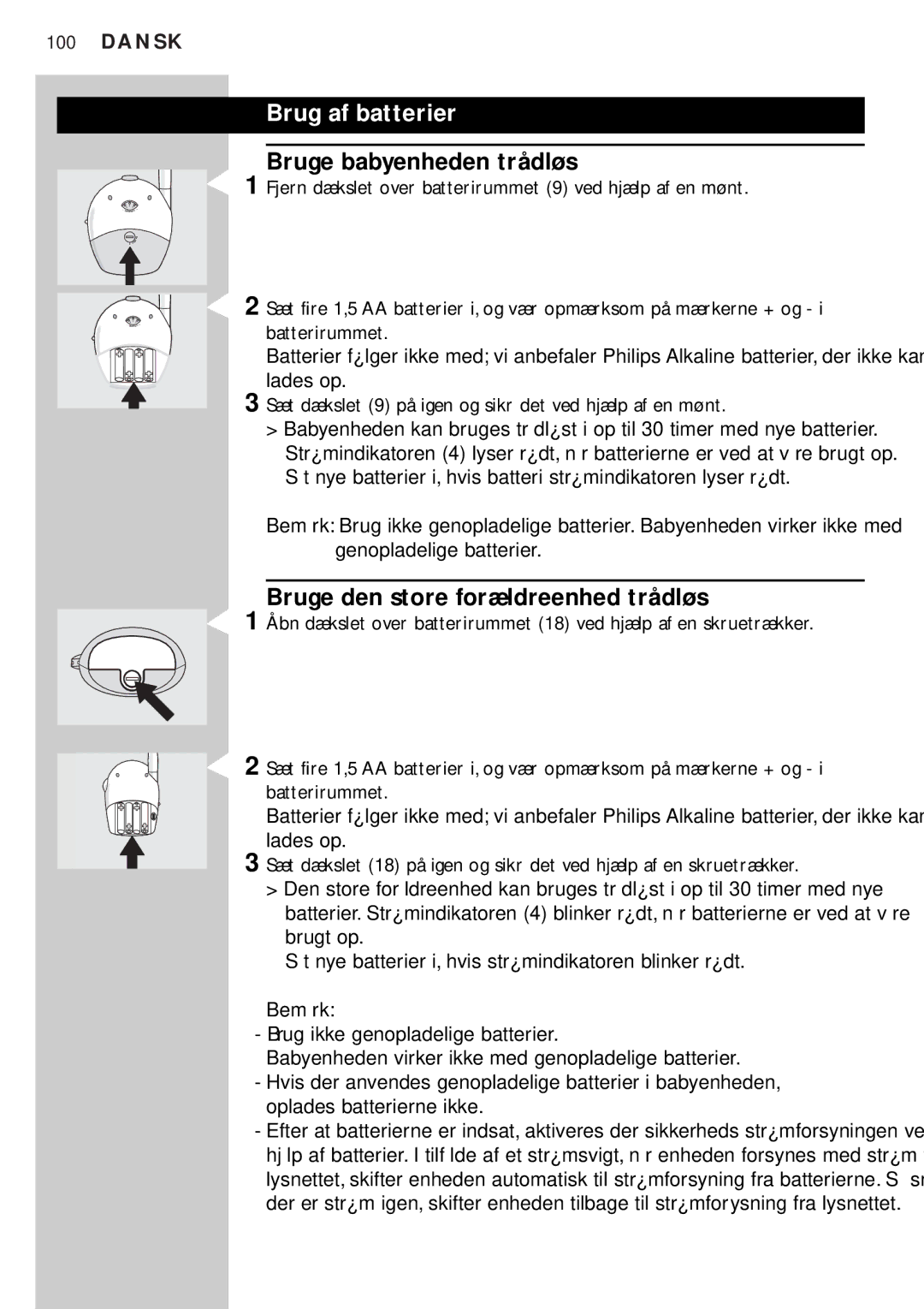 Philips SBC SC450 manual Brug af batterier, Bruge babyenheden trådløs, Bruge den store forældreenhed trådløs 