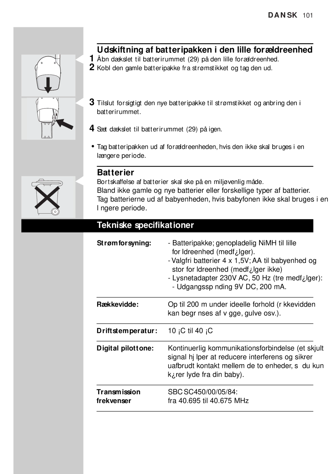 Philips SBC SC450 manual Udskiftning af batteripakken i den lille forældreenhed, Tekniske specifikationer 