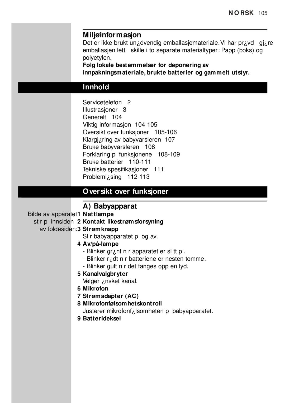 Philips SBC SC450 manual Miljøinformasjon, Innhold, Oversikt over funksjoner, Babyapparat 