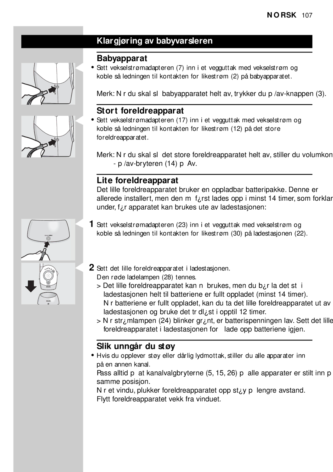 Philips SBC SC450 manual Klargjøring av babyvarsleren, Stort foreldreapparat, Slik unngår du støy 