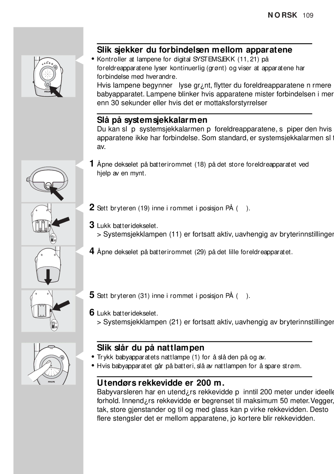 Philips SBC SC450 Slik sjekker du forbindelsen mellom apparatene, Slå på systemsjekkalarmen, Slik slår du på nattlampen 