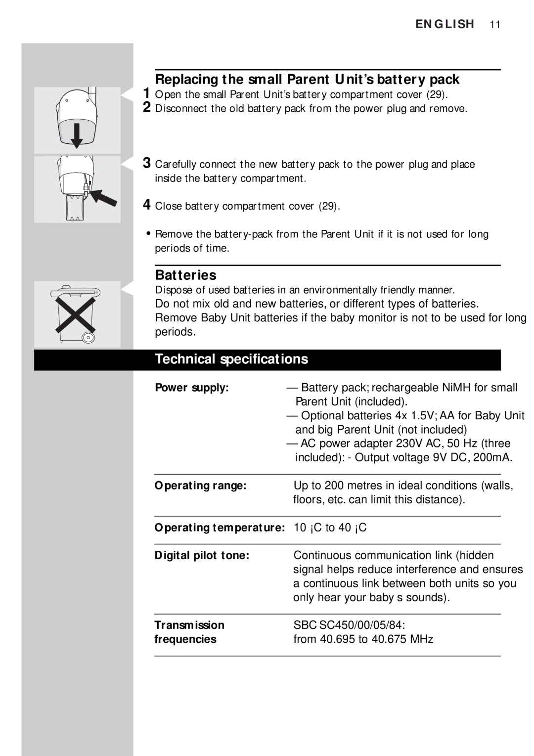 Philips SBC SC450 manual Replacing the small Parent Unit’s battery pack, Batteries, Technical specifications 