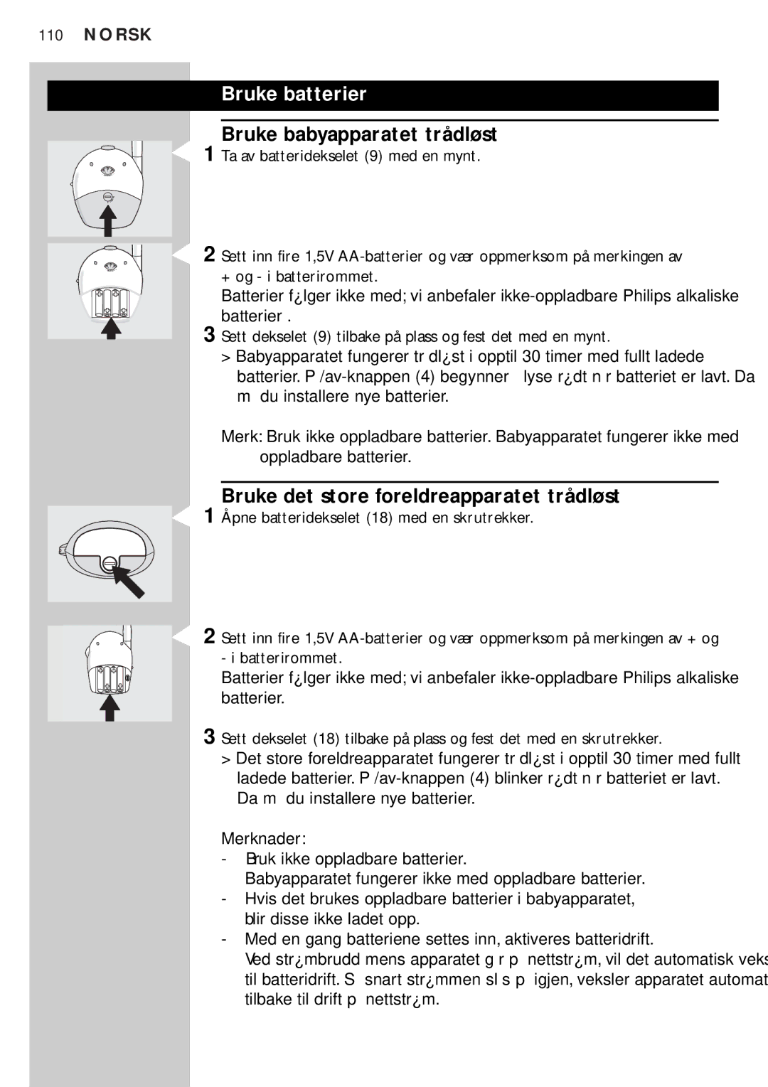 Philips SBC SC450 manual Bruke batterier, Bruke babyapparatet trådløst, Bruke det store foreldreapparatet trådløst 