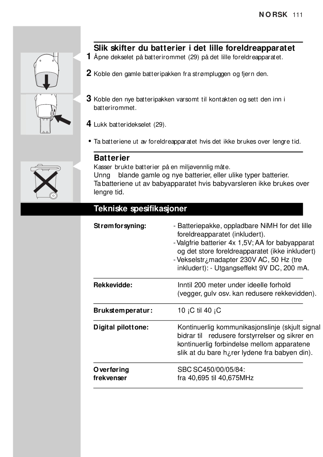 Philips SBC SC450 manual Slik skifter du batterier i det lille foreldreapparatet, Tekniske spesifikasjoner, Rekkevidde 