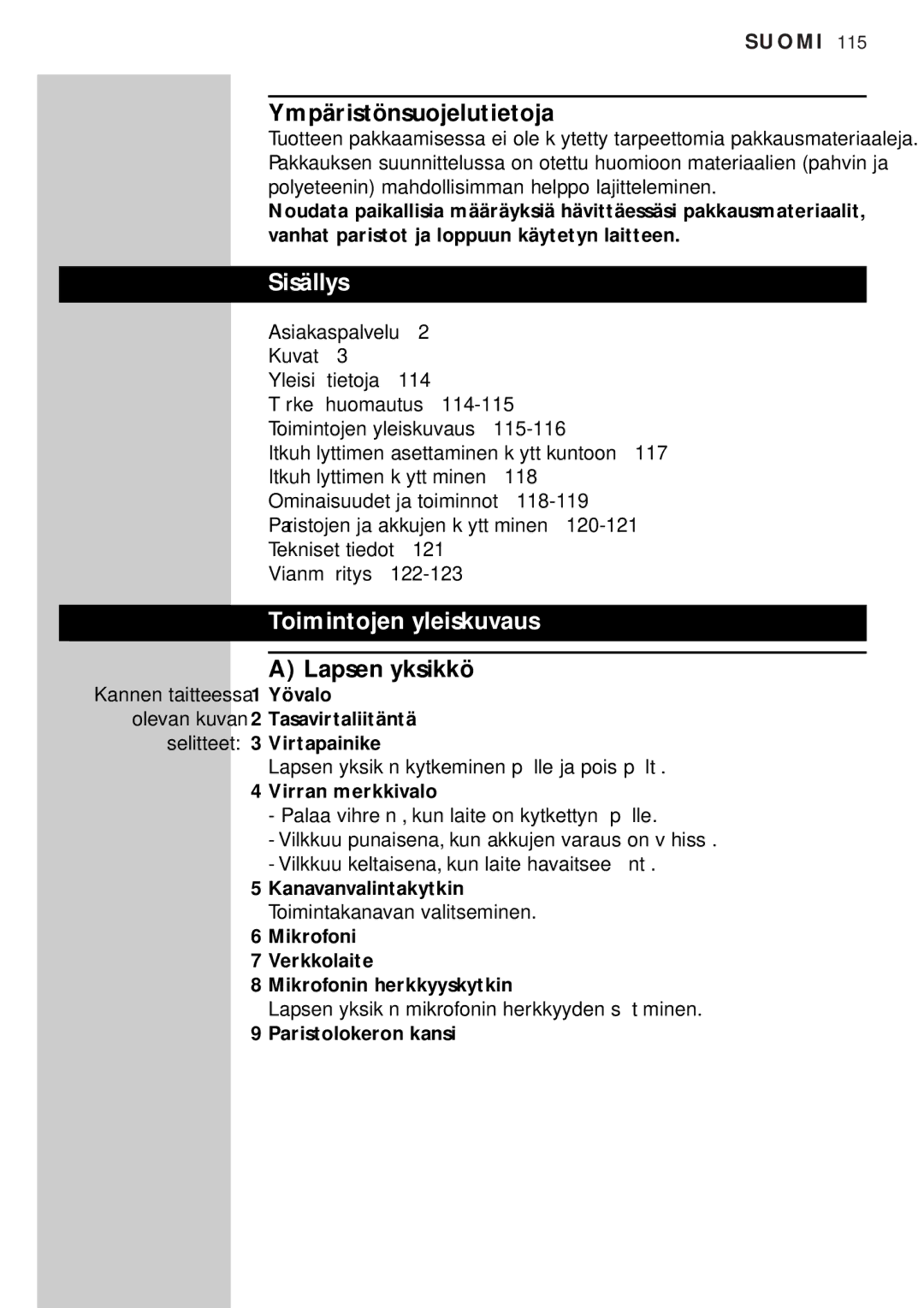 Philips SBC SC450 manual Ympäristönsuojelutietoja, Sisällys, Toimintojen yleiskuvaus, Lapsen yksikkö 