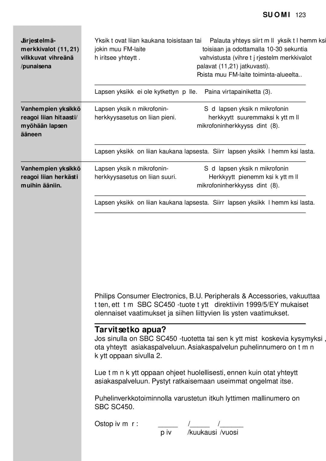 Philips SBC SC450 manual Tarvitsetko apua? 