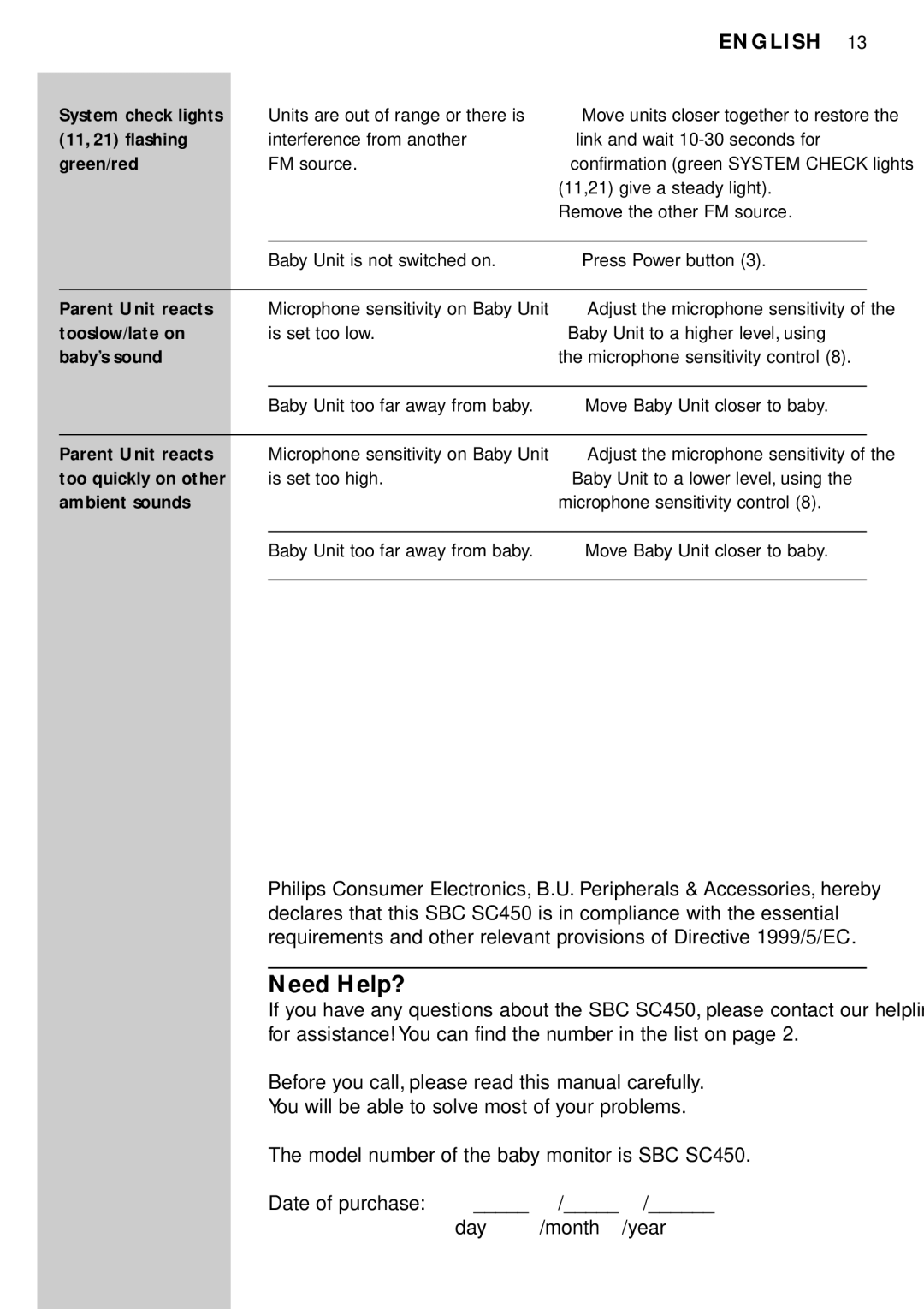 Philips SBC SC450 manual Need Help?, System check lights, Tooslow/late on is set too low. baby’s sound 