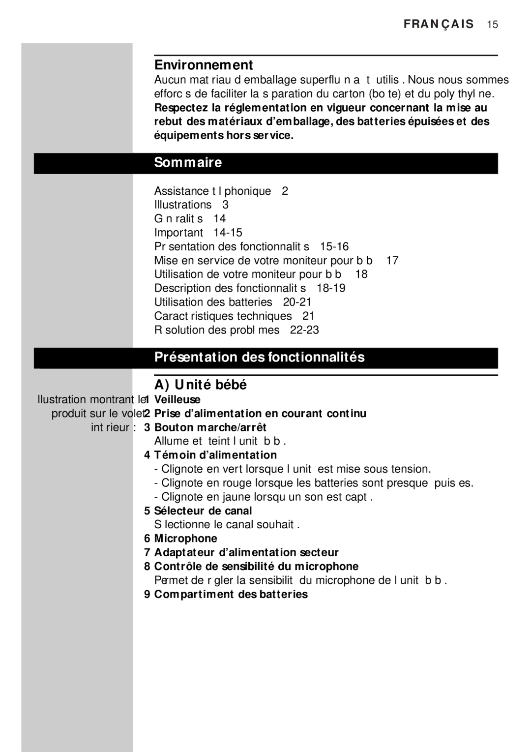 Philips SBC SC450 manual Environnement, Sommaire, Présentation des fonctionnalités, Unité bébé 