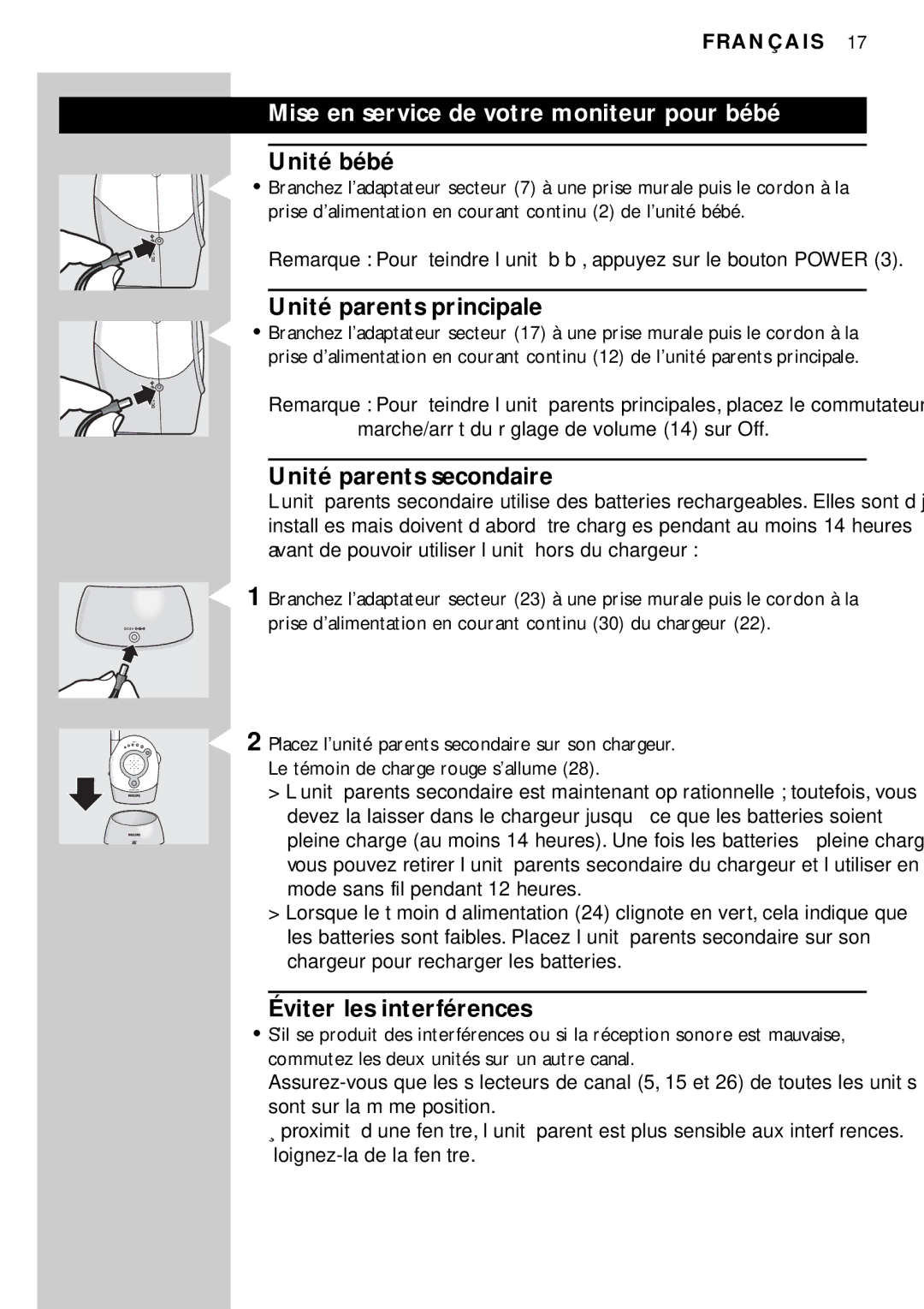 Philips SBC SC450 manual Mise en service de votre moniteur pour bébé, Unité parents principale, Éviter les interférences 