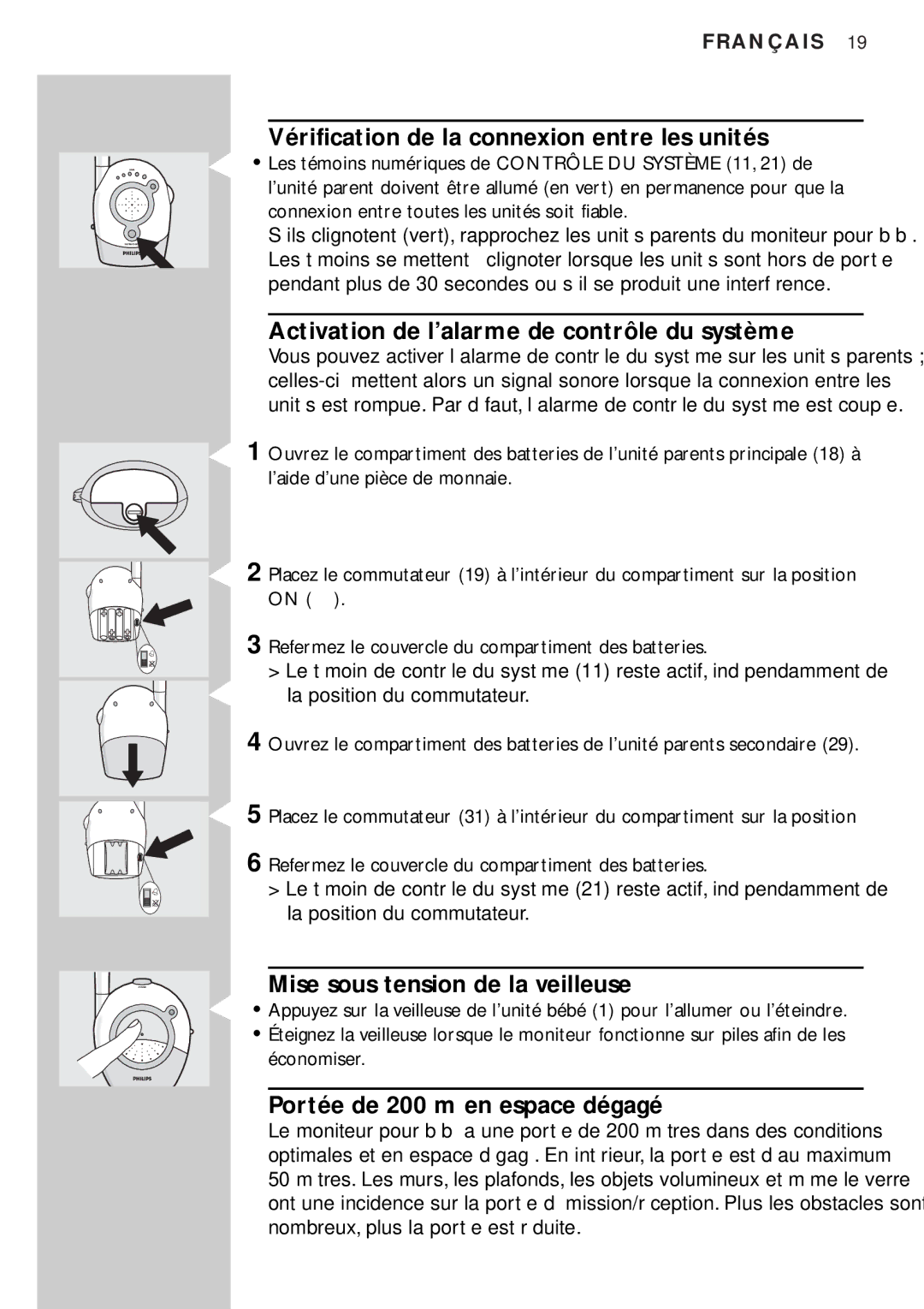 Philips SBC SC450 manual Vérification de la connexion entre les unités, Activation de l’alarme de contrôle du système 