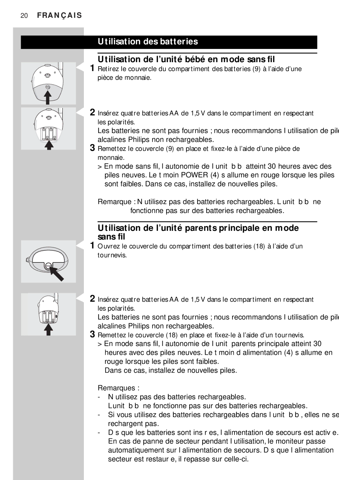 Philips SBC SC450 manual Utilisation des batteries, Utilisation de l’unité bébé en mode sans fil 