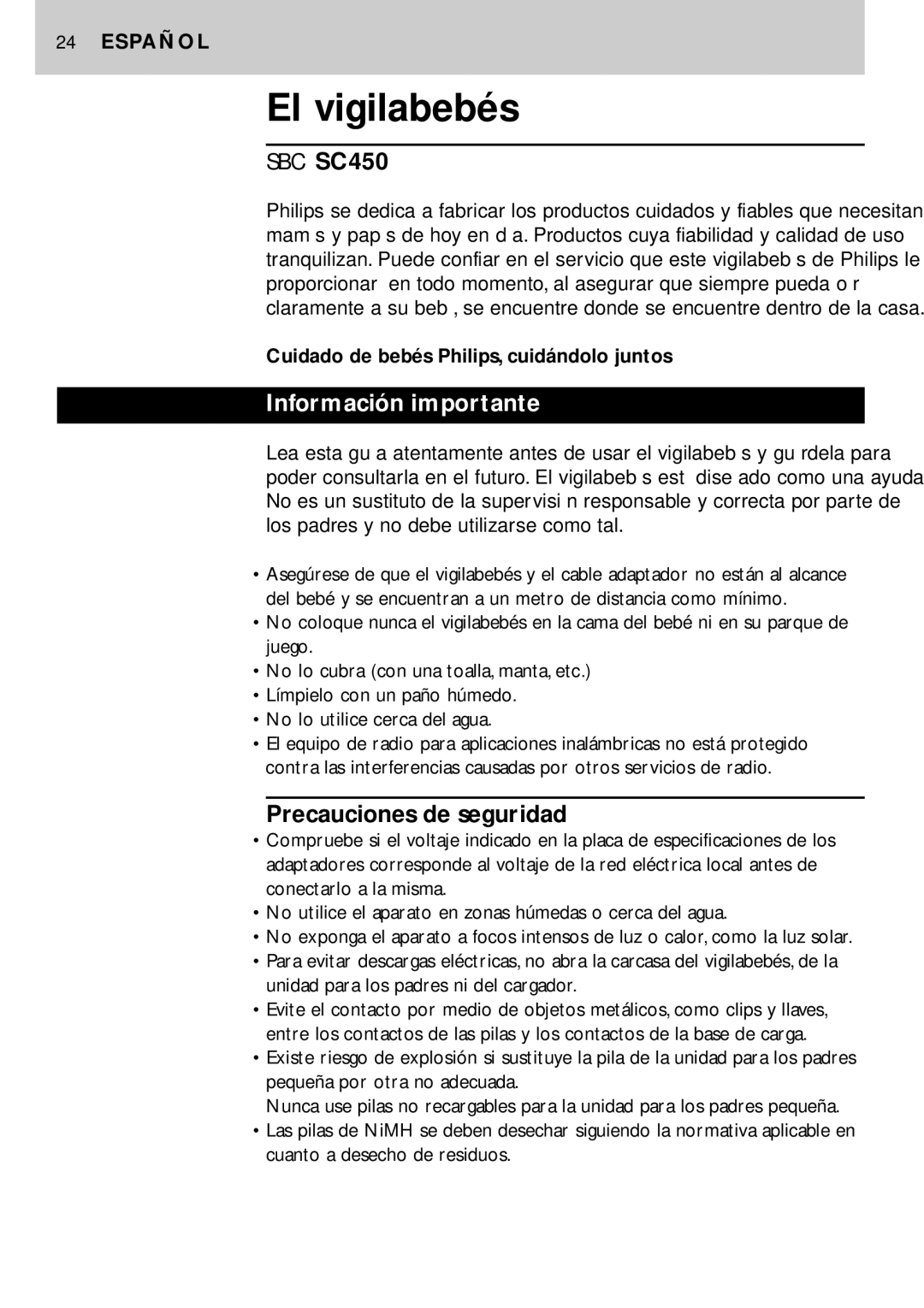 Philips SBC SC450 manual El vigilabebés, Información importante, Precauciones de seguridad 