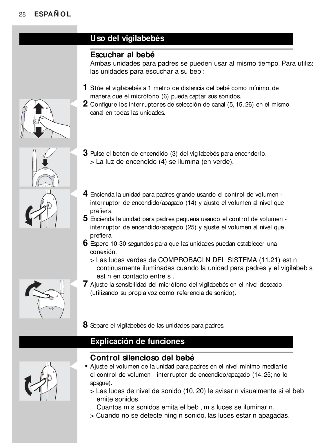 Philips SBC SC450 manual Uso del vigilabebés, Escuchar al bebé, Explicación de funciones, Control silencioso del bebé 