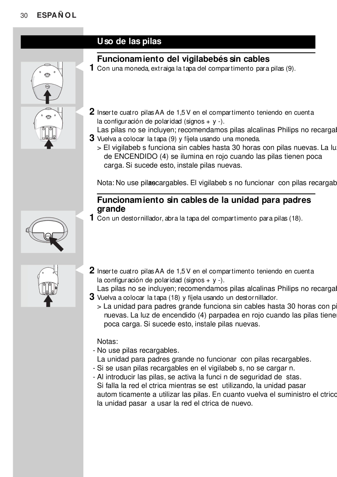 Philips SBC SC450 manual Uso de las pilas, Funcionamiento del vigilabebés sin cables 