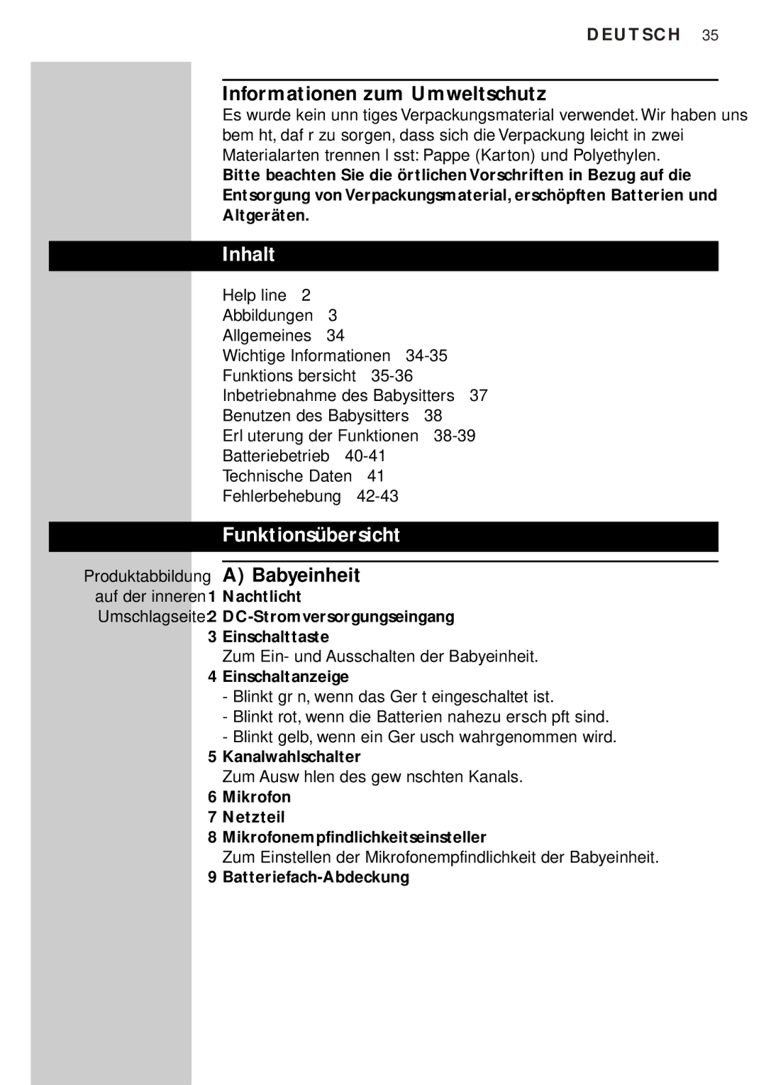 Philips SBC SC450 manual Informationen zum Umweltschutz, Inhalt, Funktionsübersicht, Babyeinheit 