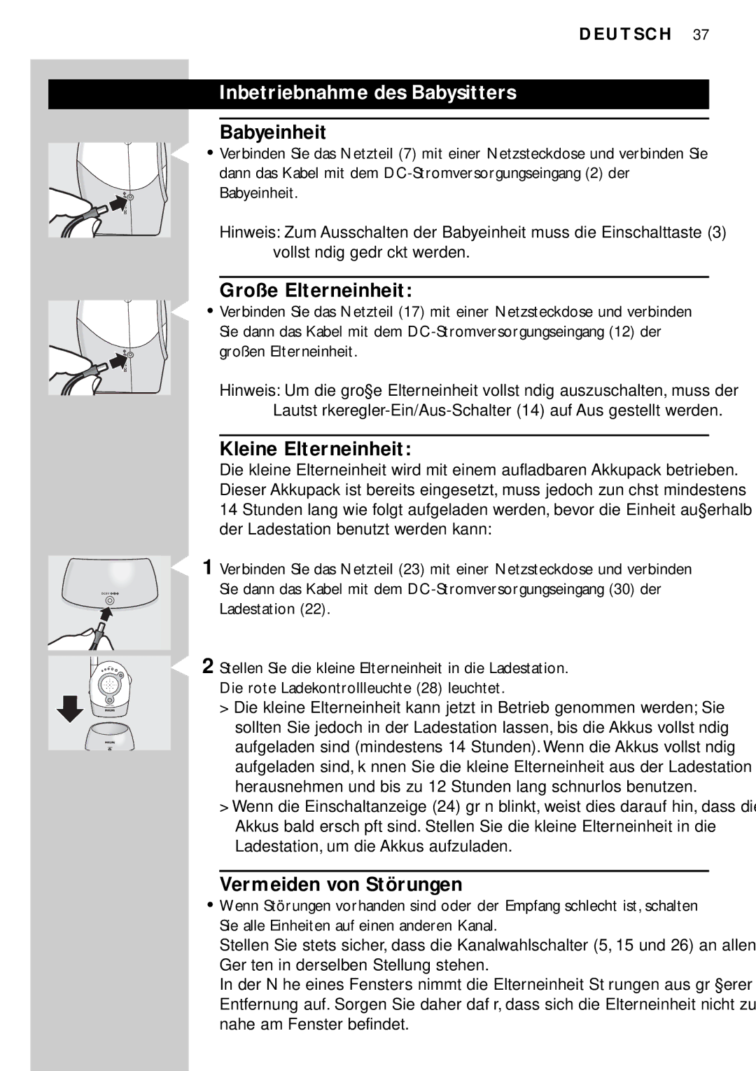 Philips SBC SC450 manual Inbetriebnahme des Babysitters, Große Elterneinheit, Vermeiden von Störungen 