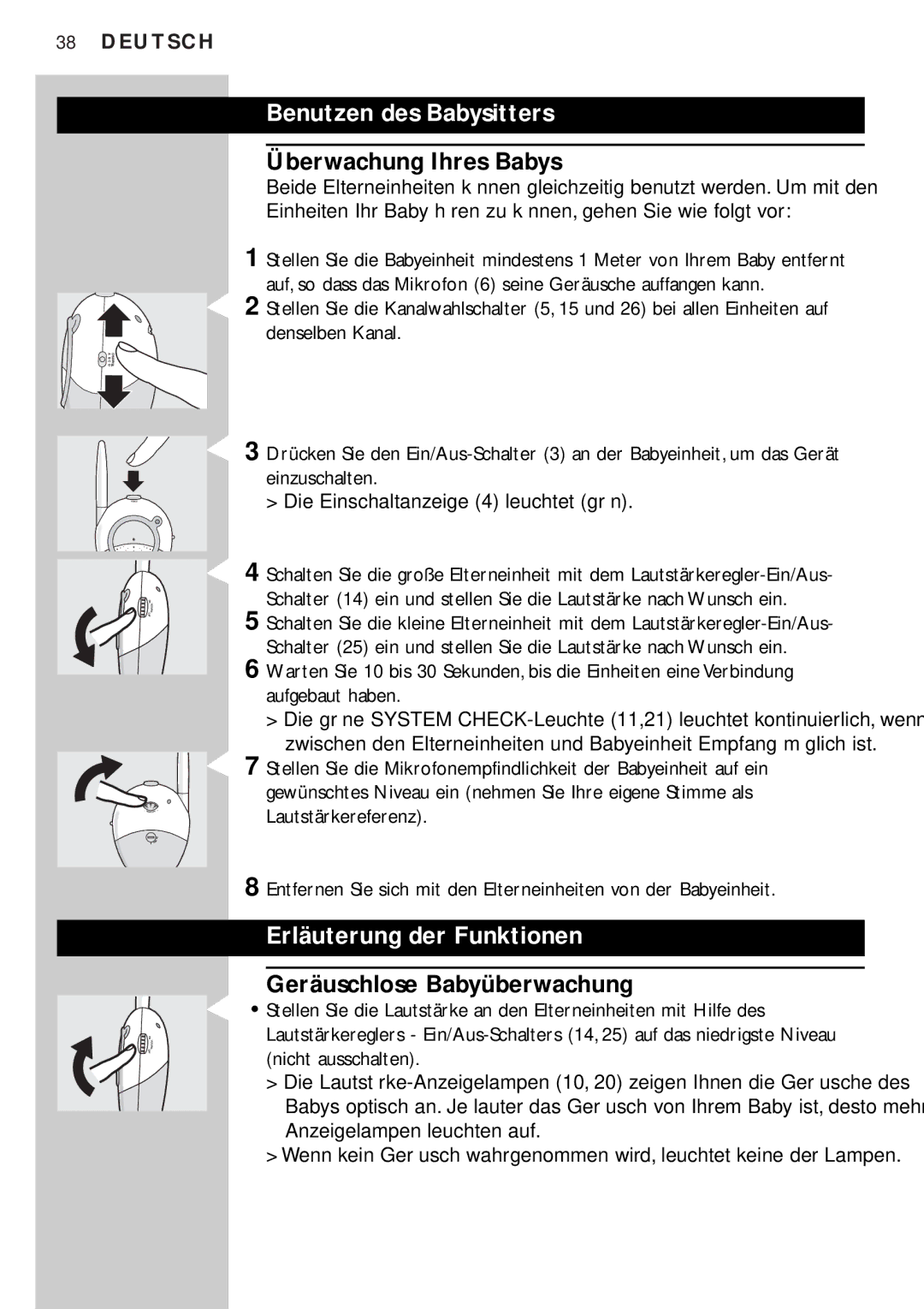 Philips SBC SC450 manual Benutzen des Babysitters, Überwachung Ihres Babys, Erläuterung der Funktionen 