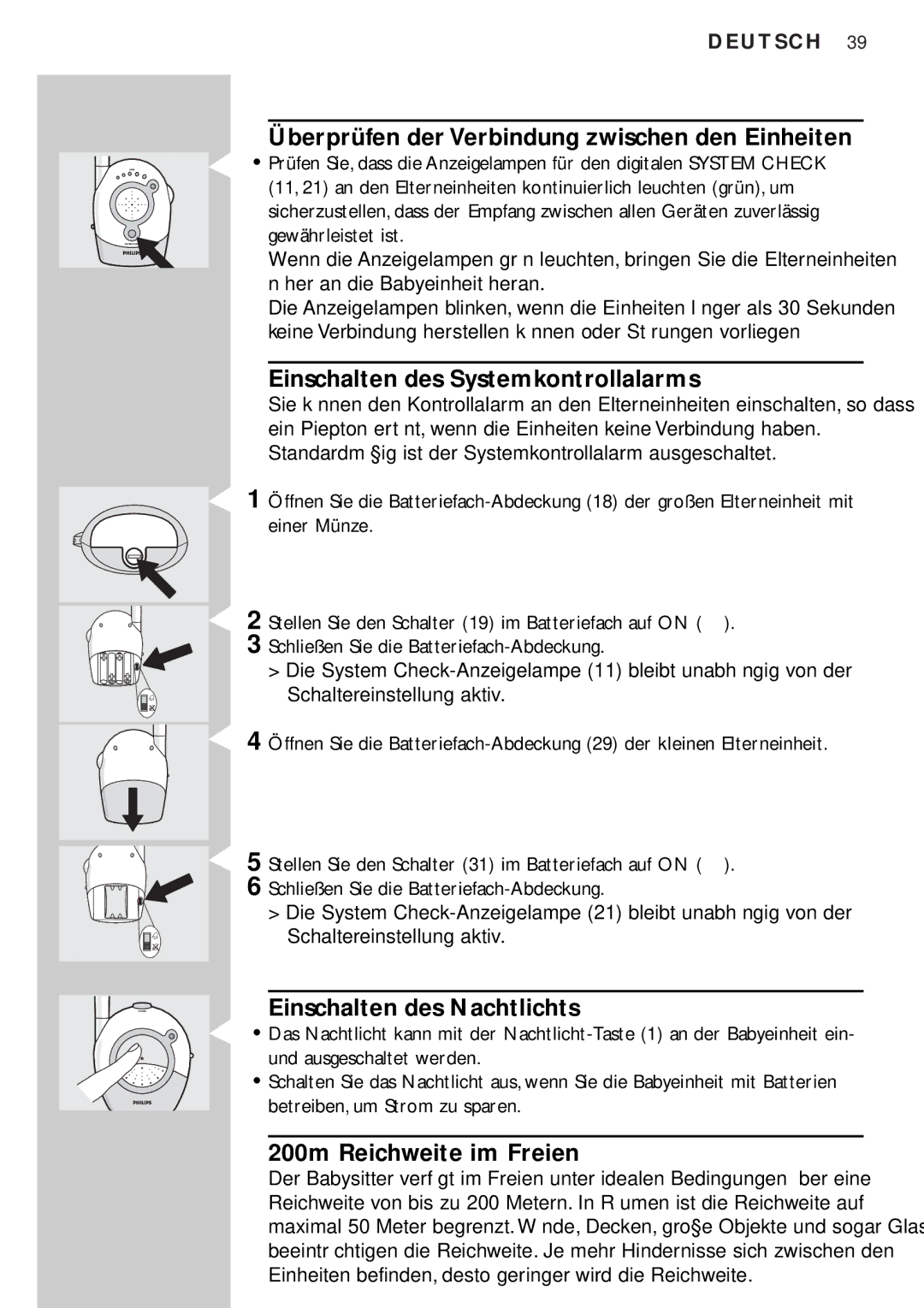 Philips SBC SC450 manual Überprüfen der Verbindung zwischen den Einheiten, Einschalten des Systemkontrollalarms 