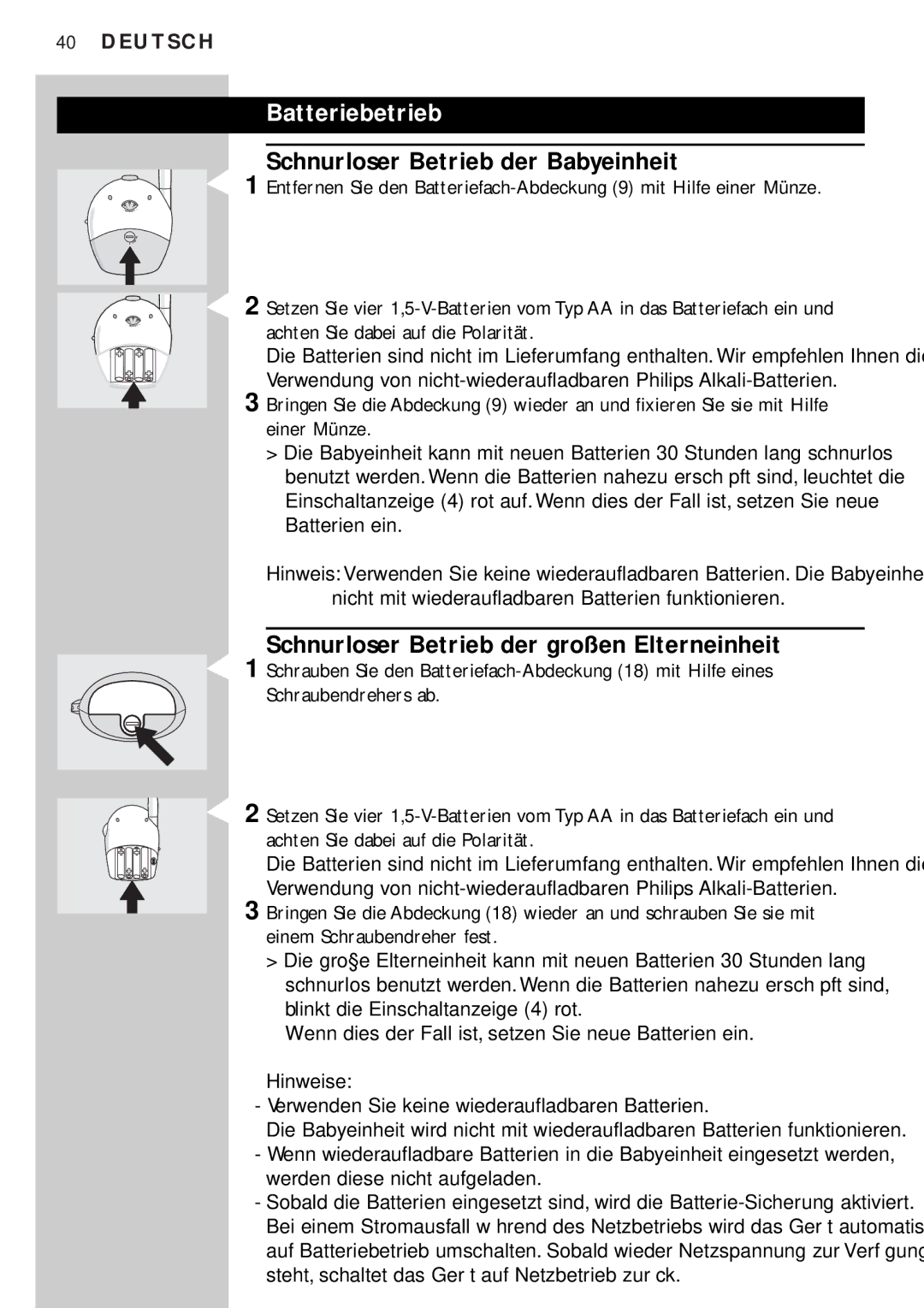 Philips SBC SC450 manual Batteriebetrieb, Schnurloser Betrieb der Babyeinheit, Schnurloser Betrieb der großen Elterneinheit 