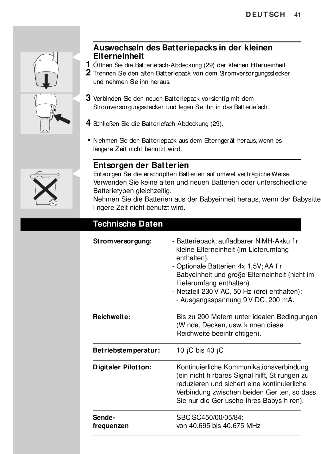 Philips SBC SC450 Auswechseln des Batteriepacks in der kleinen Elterneinheit, Entsorgen der Batterien, Technische Daten 