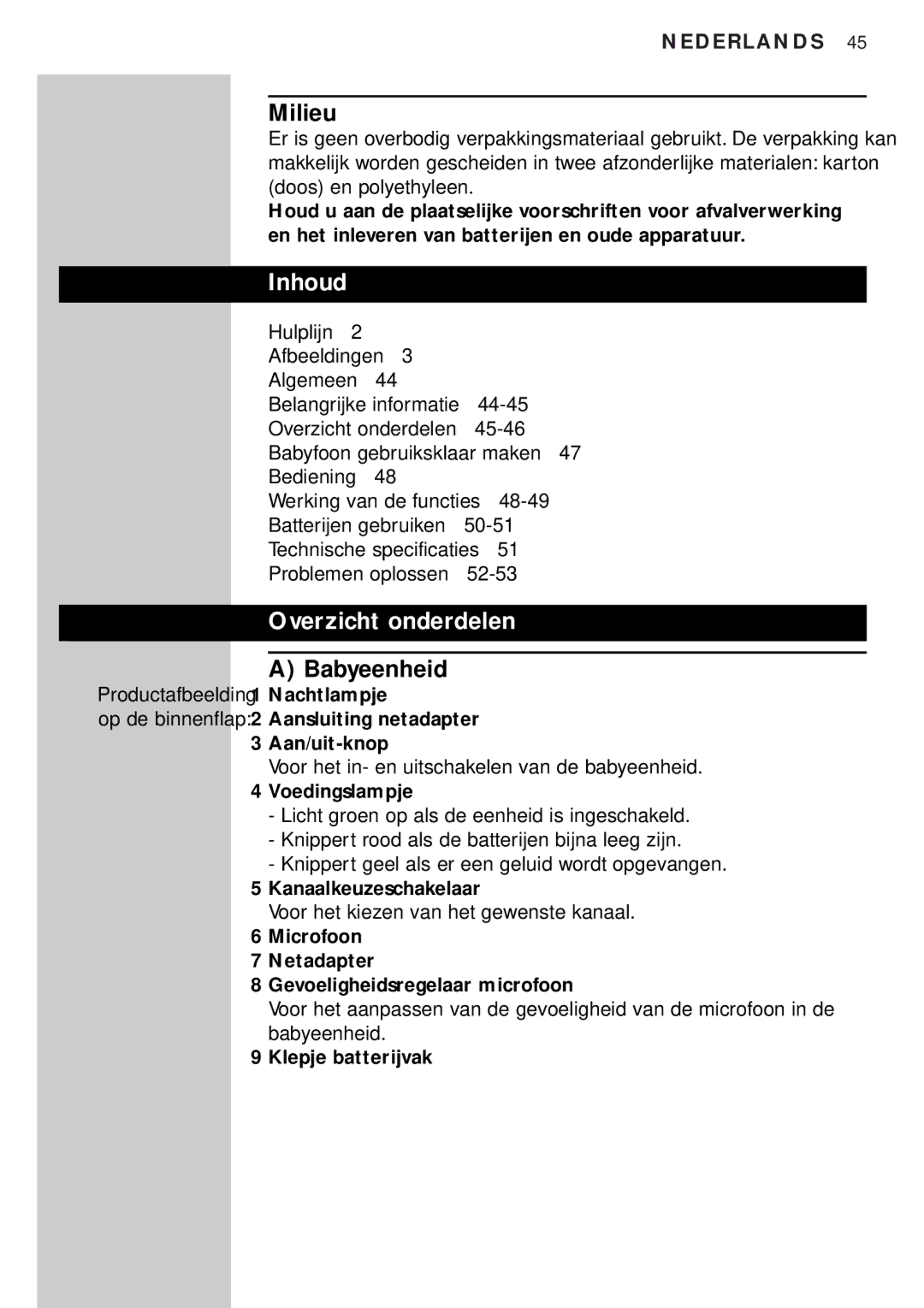 Philips SBC SC450 manual Milieu, Inhoud, Overzicht onderdelen, Babyeenheid 