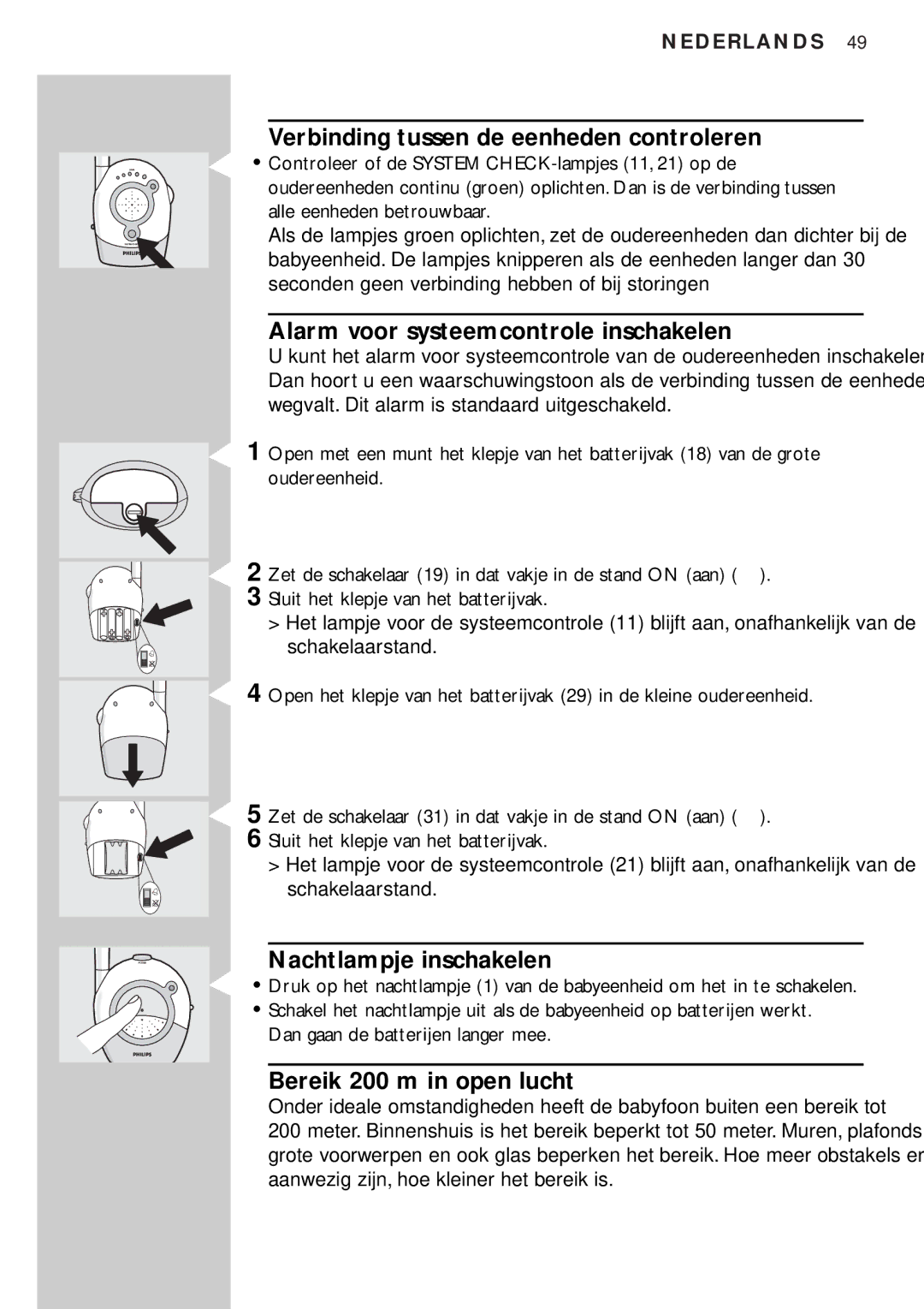 Philips SBC SC450 manual Verbinding tussen de eenheden controleren, Alarm voor systeemcontrole inschakelen 