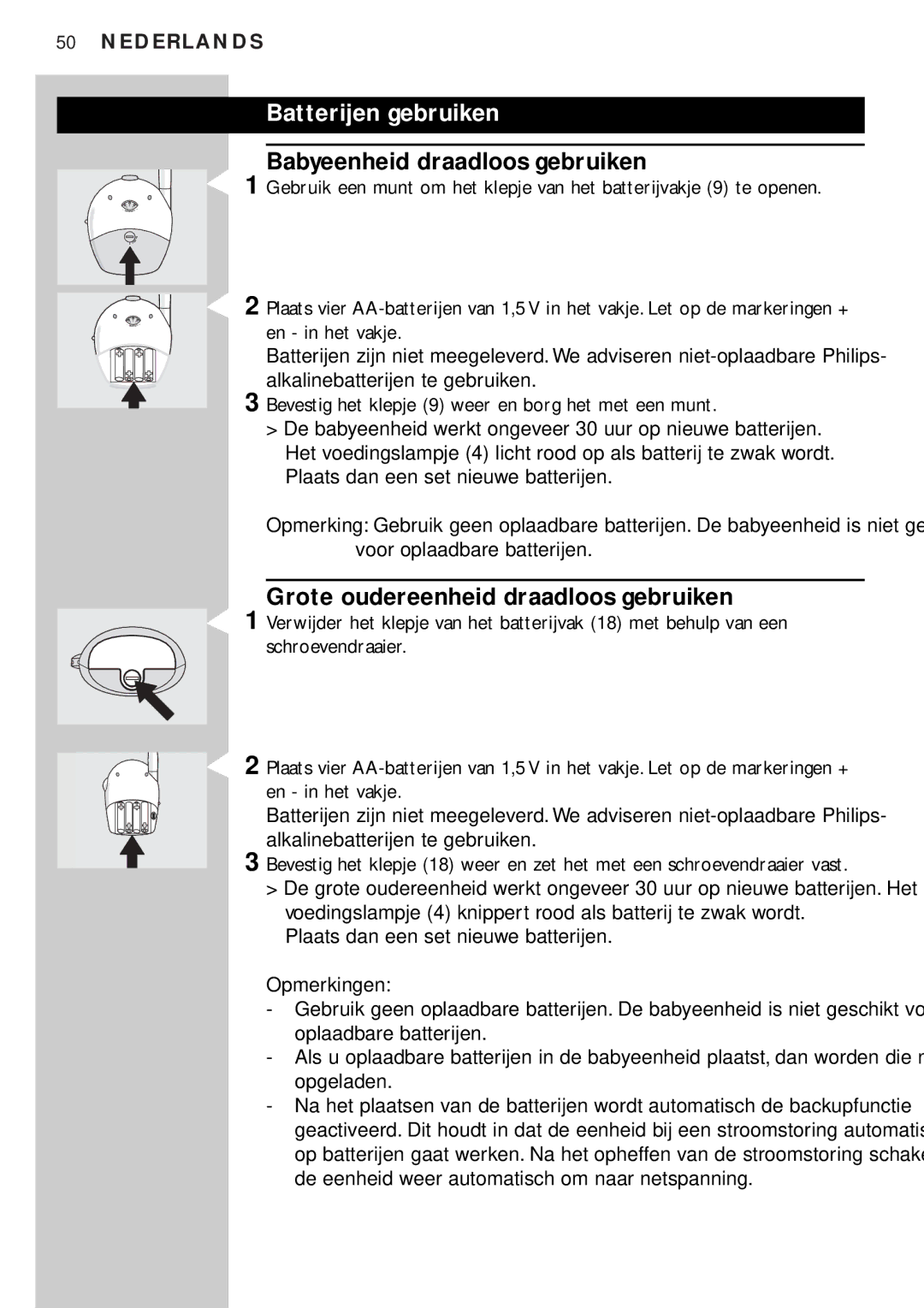 Philips SBC SC450 manual Babyeenheid draadloos gebruiken, Grote oudereenheid draadloos gebruiken 