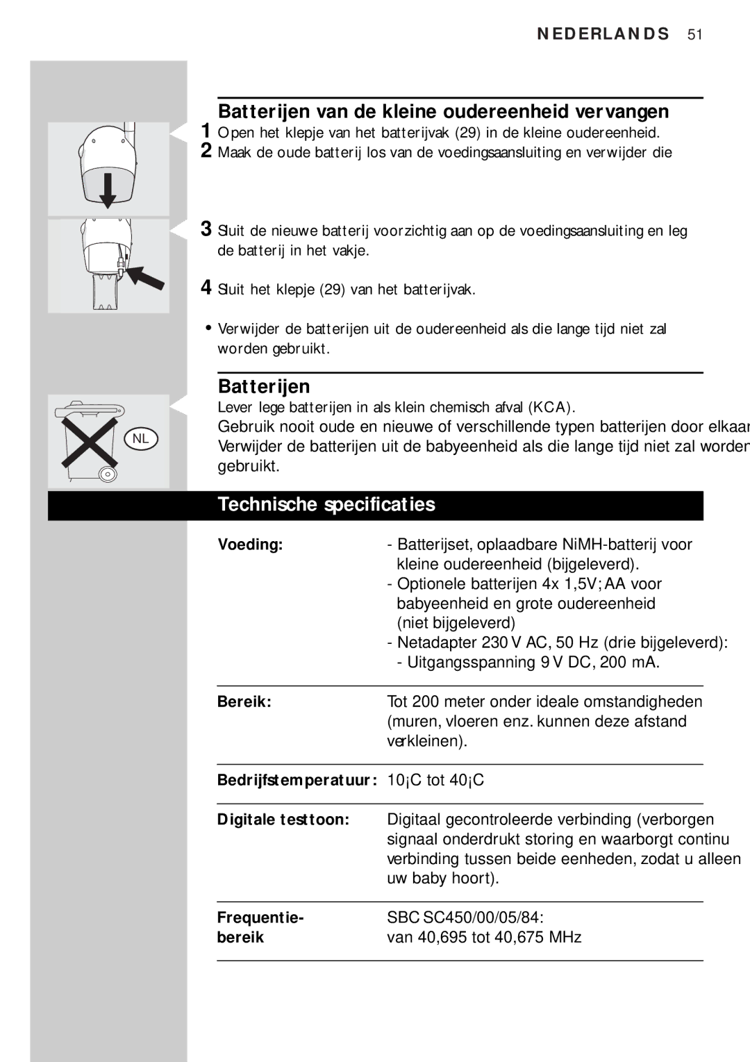 Philips SBC SC450 manual Batterijen van de kleine oudereenheid vervangen, Technische specificaties 